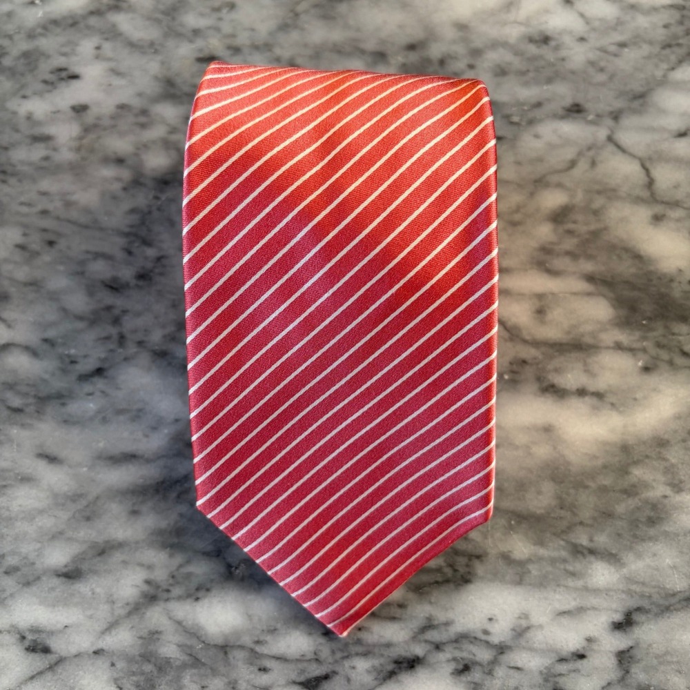 Peter Millar Mens Silk Necktie Coral Red‎ White Diagonal Stripe Made in USA 58in